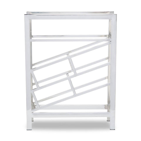 Silver floorstanding wine rack designed to hold 12 bottles, featuring a modern geometric design with angled slots for easy access. The structure is sleek and minimalistic, showcasing a polished finish that enhances its contemporary appeal