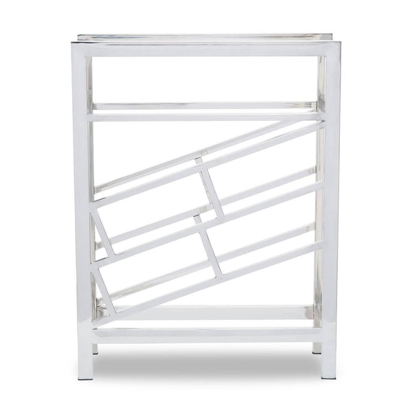 Silver floorstanding wine rack designed to hold 12 bottles, featuring a modern geometric design with angled slots for easy access. The structure is sleek and minimalistic, showcasing a polished finish that enhances its contemporary appeal