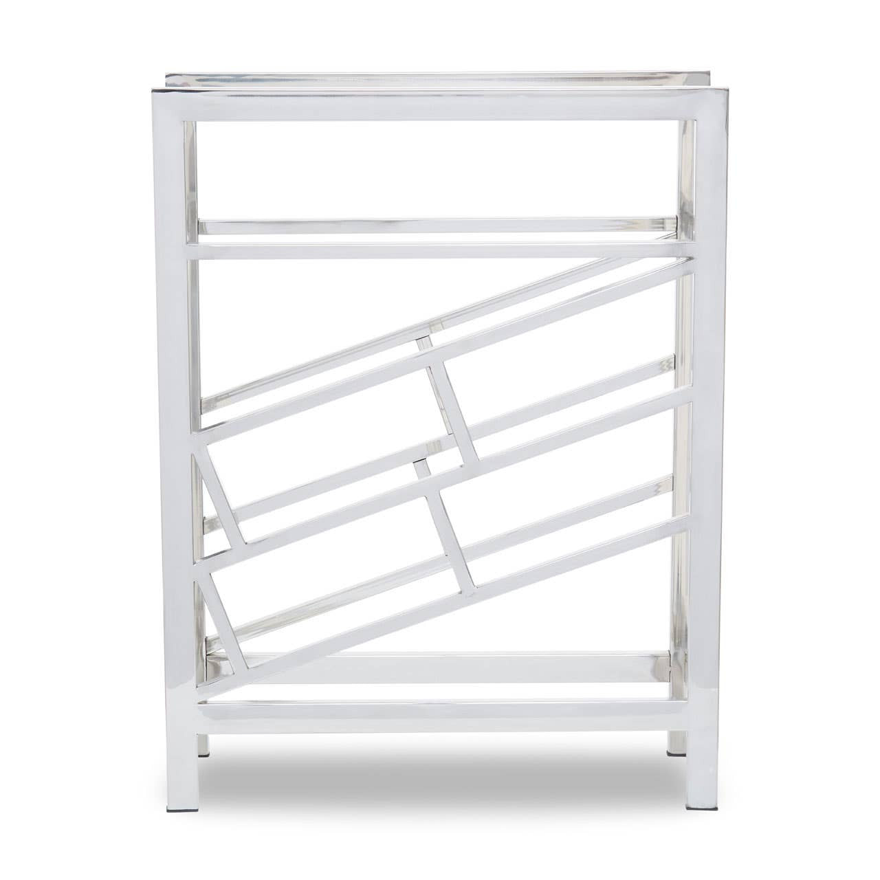Silver floorstanding wine rack designed to hold 12 bottles, featuring a modern geometric design with angled slots for easy access. The structure is sleek and minimalistic, showcasing a polished finish that enhances its contemporary appeal