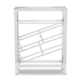 Silver floorstanding wine rack designed to hold 12 bottles, featuring a modern geometric design with angled slots for easy access. The structure is sleek and minimalistic, showcasing a polished finish that enhances its contemporary appeal