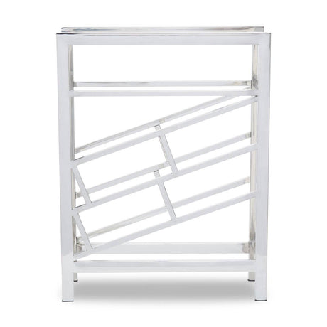 Silver floorstanding wine rack designed to hold 12 bottles, featuring a modern geometric design with angled slots for easy access. The structure is sleek and minimalistic, showcasing a polished finish that enhances its contemporary appeal