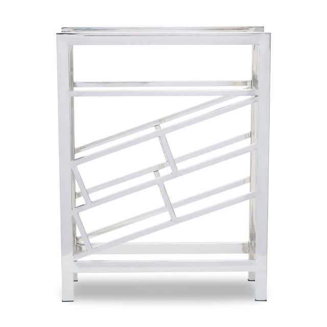 Silver floorstanding wine rack designed to hold 12 bottles, featuring a modern geometric design with angled slots for easy access. The structure is sleek and minimalistic, showcasing a polished finish that enhances its contemporary appeal