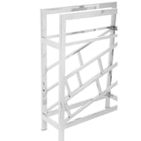 Silver floorstanding wine rack designed to hold 12 bottles, featuring a modern geometric design with angled shelves for easy access. The frame is sleek and minimalistic, suitable for various home decor styles