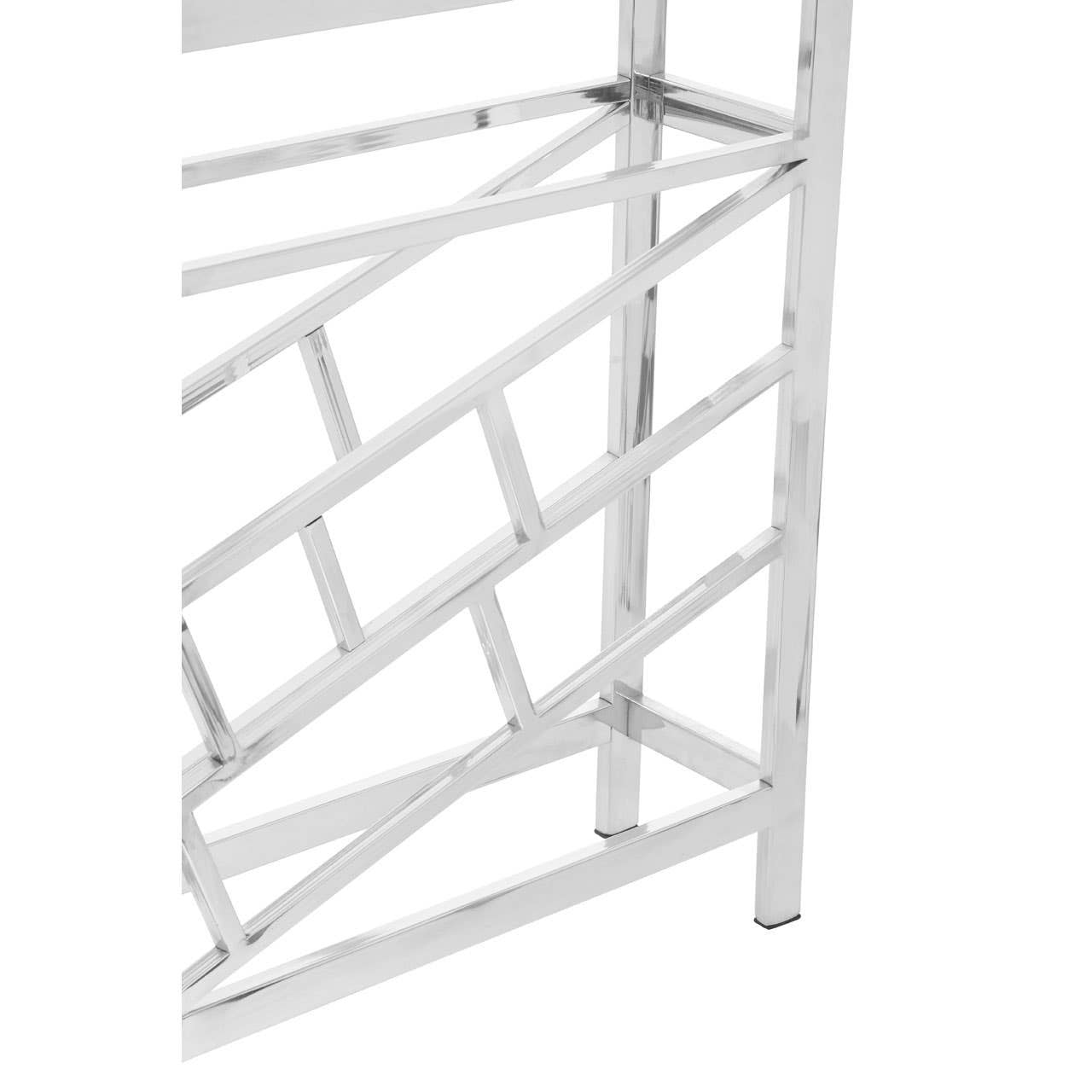 Silver floorstanding wine rack designed to hold 12 bottles, featuring a sleek, modern design with a geometric pattern and sturdy metal construction. The rack has a polished finish and is suitable for home or bar use