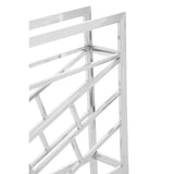 Silver floorstanding wine rack designed to hold 12 bottles, featuring a modern geometric design with diagonal slats and a sleek finish. The structure is sturdy and minimalist, suitable for various home decor styles
