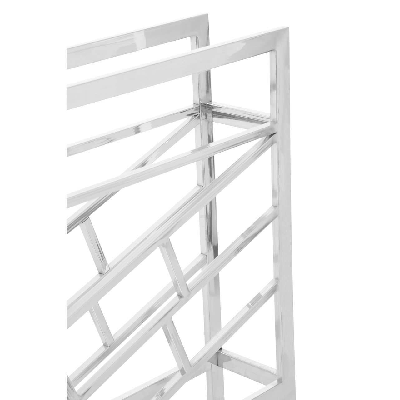 Silver floorstanding wine rack designed to hold 12 bottles, featuring a modern geometric design with diagonal slats for bottle support. The structure is sleek and minimalistic, showcasing a polished finish that enhances its contemporary aesthetic