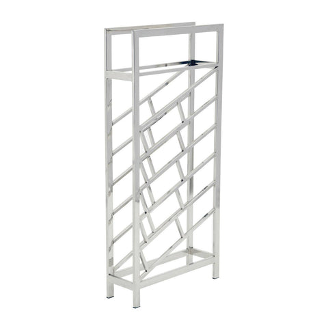 Silver floorstanding wine rack designed to hold 24 bottles, featuring a sleek, modern design with a geometric pattern for bottle placement and a sturdy frame