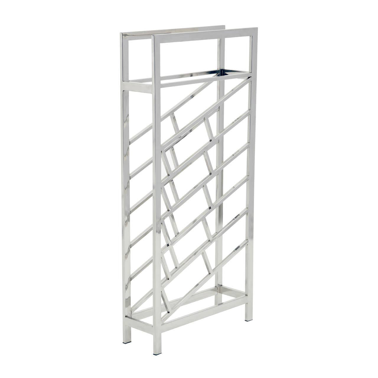 Silver floorstanding wine rack designed to hold 24 bottles, featuring a sleek, modern design with a geometric pattern for bottle placement and a sturdy frame