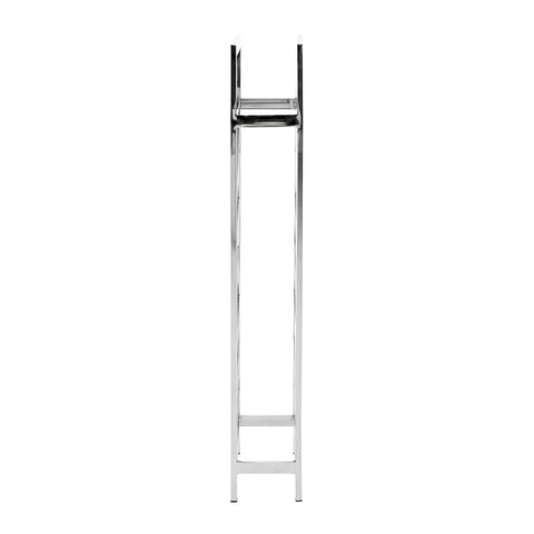 A sleek, silver floorstanding wine rack designed to hold up to 24 bottles, featuring a tall, narrow structure with a modern aesthetic and minimalistic design. The rack has a sturdy frame with horizontal slots for easy bottle access
