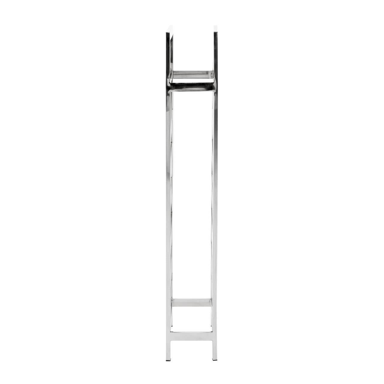 A sleek, silver floorstanding wine rack designed to hold up to 24 bottles, featuring a tall, narrow structure with a modern aesthetic and minimalistic design. The rack has a sturdy frame with horizontal slots for easy bottle access
