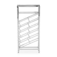 Silver floorstanding wine rack designed to hold 24 bottles, featuring a sleek, modern design with a top shelf and angled bottle slots for easy access. The rack has a minimalist aesthetic with clean lines and a polished finish