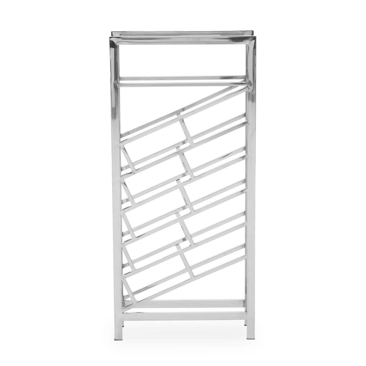 Silver floorstanding wine rack designed to hold 24 bottles, featuring a sleek, modern design with a top shelf and angled bottle slots for easy access. The rack has a minimalist aesthetic with clean lines and a polished finish