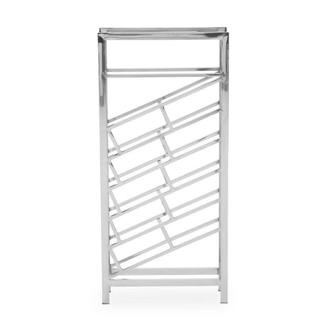 Silver floorstanding wine rack designed to hold 24 bottles, featuring a sleek, modern design with a top shelf and angled bottle slots for easy access. The rack has a minimalist aesthetic with clean lines and a polished finish