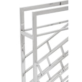 Silver floorstanding wine rack designed to hold 24 bottles, featuring a modern geometric pattern with open spaces for easy access. The sleek metal construction gives it a contemporary look, suitable for various home decor styles