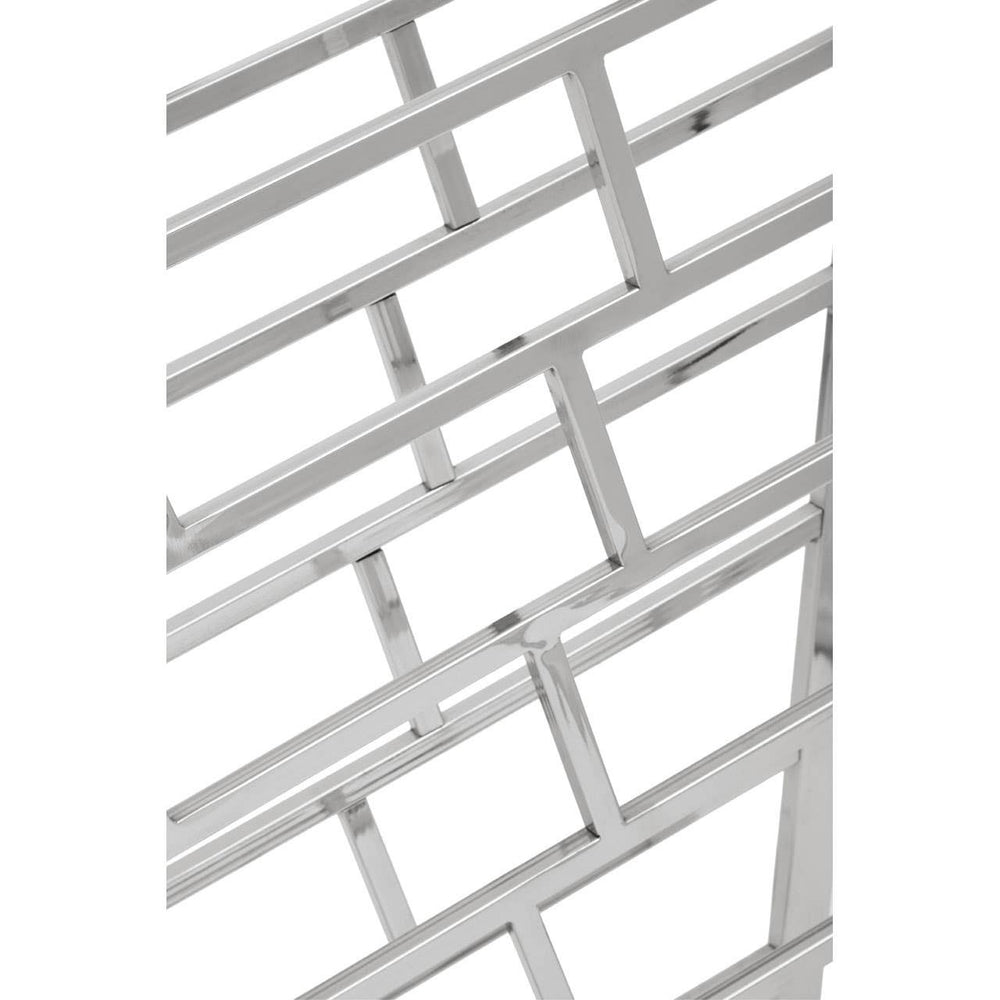Silver floorstanding wine rack designed to hold 24 bottles, featuring a modern geometric pattern with horizontal and vertical bars. The sleek metal finish adds a contemporary touch, making it suitable for various home decor styles