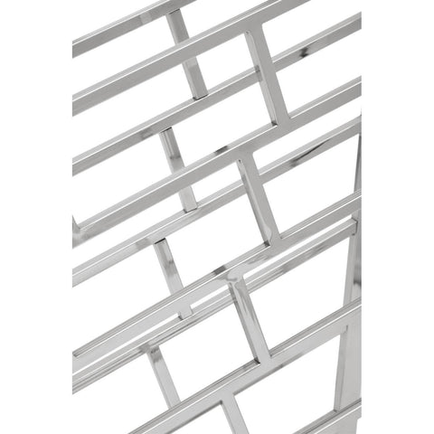 Silver floorstanding wine rack designed to hold 24 bottles, featuring a modern geometric pattern with horizontal and vertical bars. The sleek metal finish adds a contemporary touch, making it suitable for various home decor styles