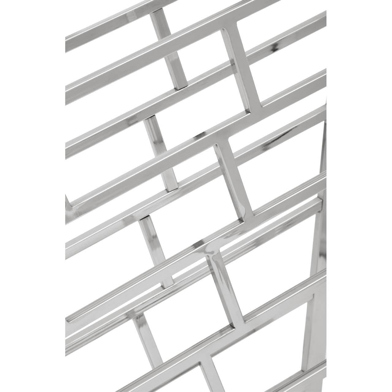 Silver floorstanding wine rack designed to hold 24 bottles, featuring a modern geometric pattern with horizontal and vertical bars. The sleek metal finish adds a contemporary touch, making it suitable for various home decor styles