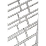 Silver floorstanding wine rack designed to hold 24 bottles, featuring a modern geometric pattern with horizontal and vertical bars. The sleek metal finish adds a contemporary touch, making it suitable for various home decor styles