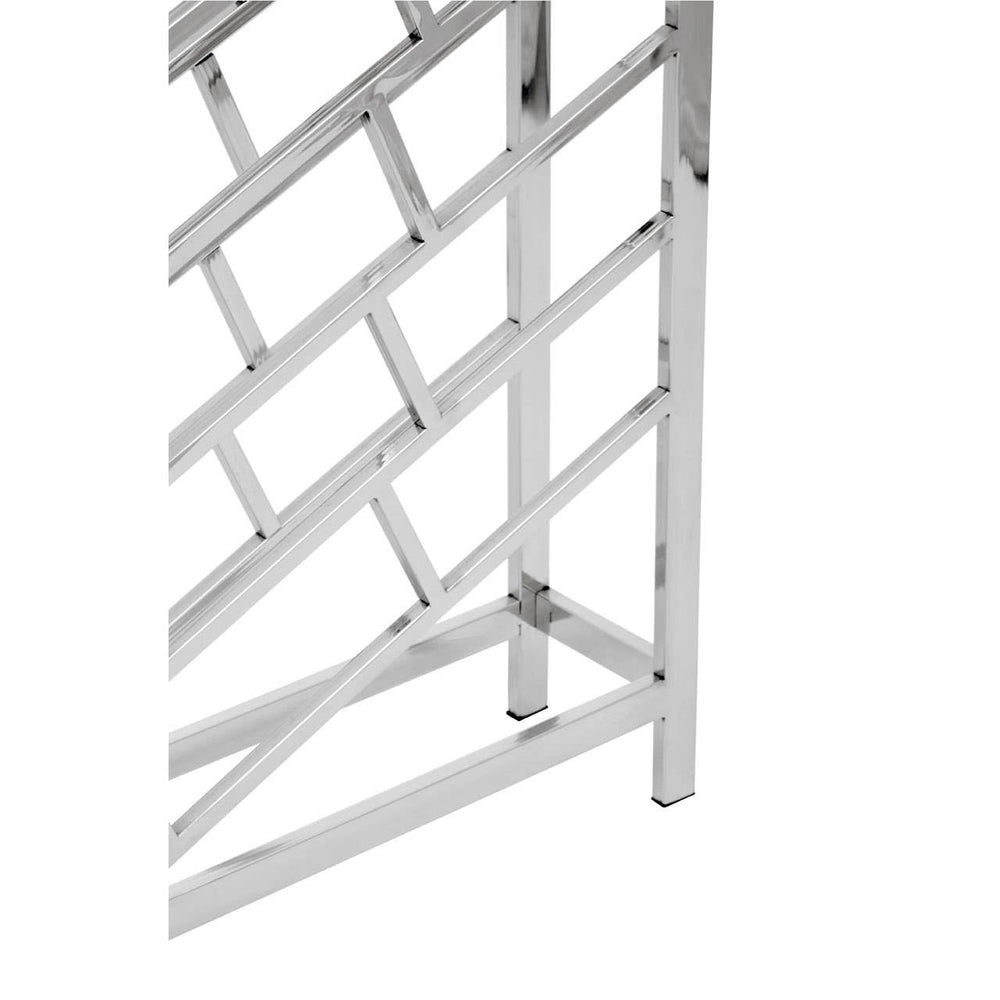 Silver floorstanding wine rack designed to hold 24 bottles, featuring a sleek, modern geometric pattern with a sturdy frame and open design for easy access