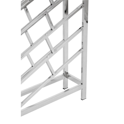 Silver floorstanding wine rack designed to hold 24 bottles, featuring a sleek, modern geometric pattern with a sturdy frame and open design for easy access