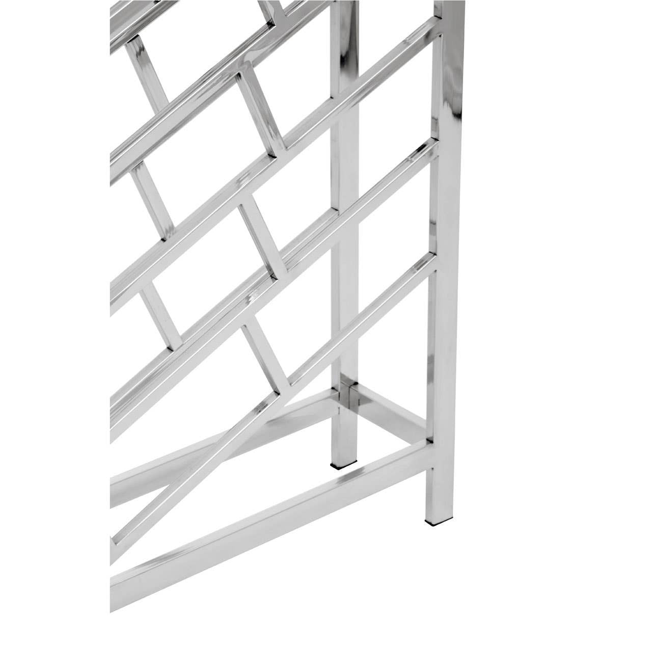 Silver floorstanding wine rack designed to hold 24 bottles, featuring a sleek, modern geometric pattern with a sturdy frame and open design for easy access