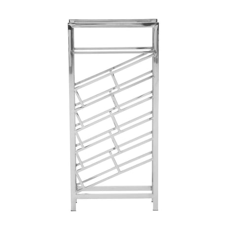 Silver floorstanding wine rack designed to hold 24 bottles, featuring a sleek, modern design with a top shelf and angled bottle slots for easy access
