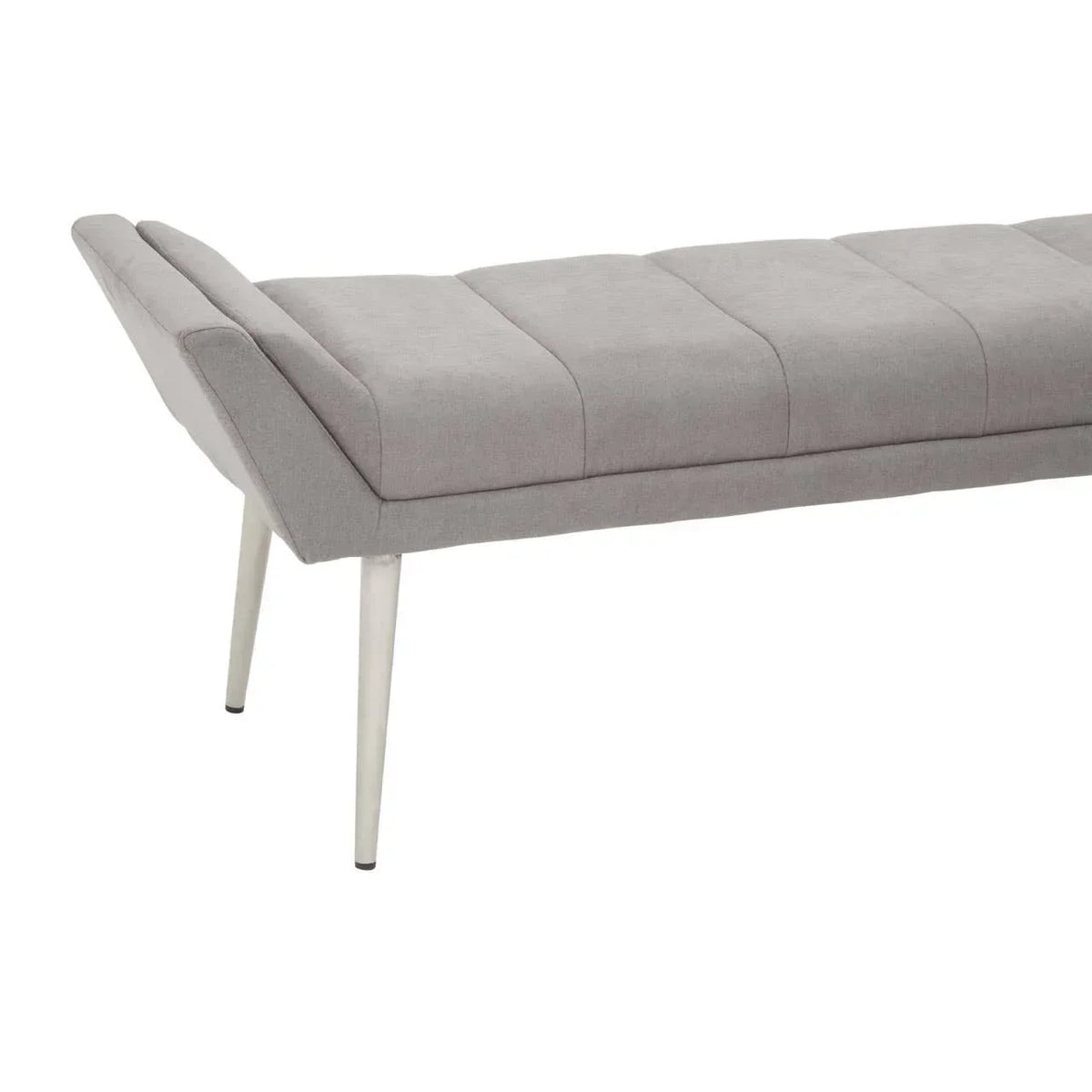 Light grey upholstered bench with angled backrest and white tapered legs