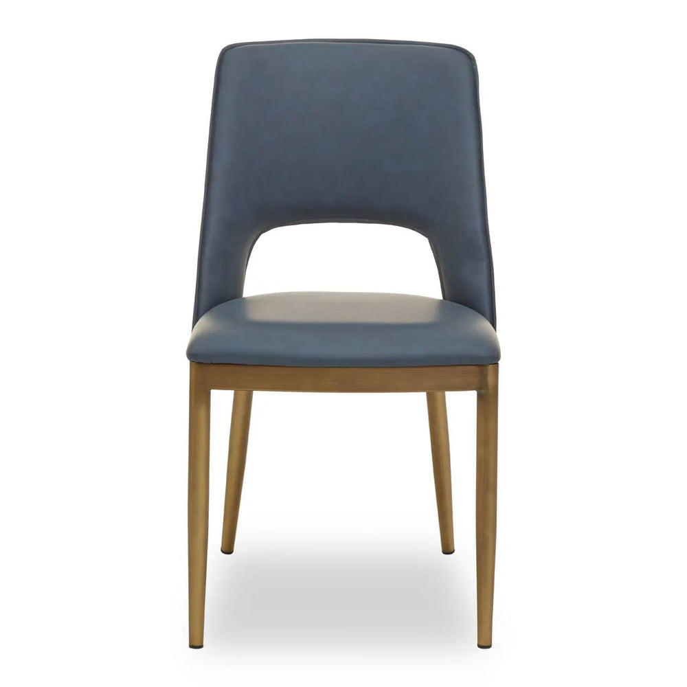 Blue upholstered dining chair with wooden legs and open backrest, front view