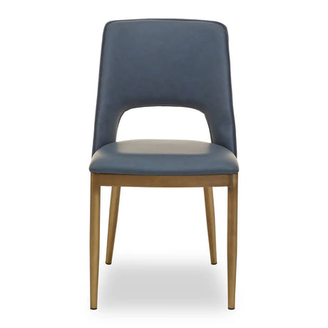 Blue upholstered dining chair with wooden legs and open backrest, front view