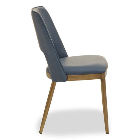Blue leather dining chair with gold metal legs, side profile view