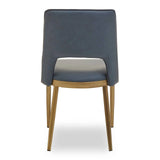 Blue dining chair with gold legs shown from the back with cut-out detail on lower backrest