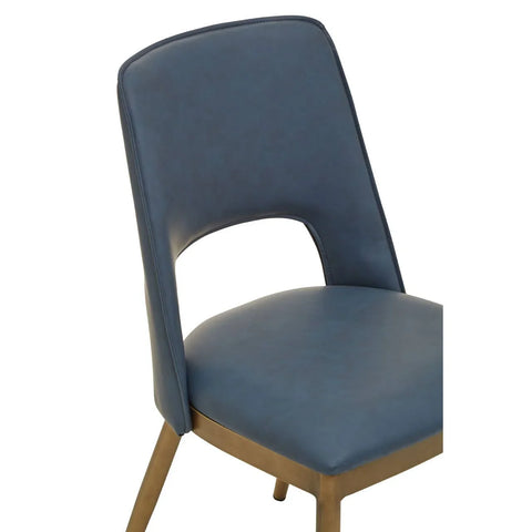 Blue faux leather dining chair with wooden legs and open back design