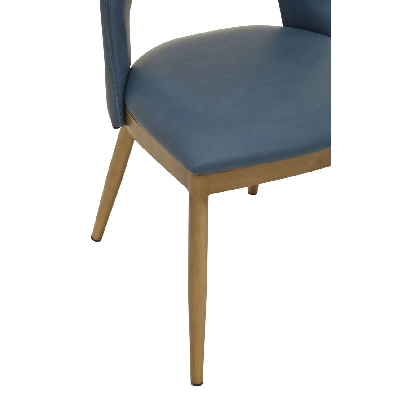 Blue upholstered dining chair with wooden legs, angled side view