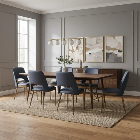 Modern dining table set with six blue chairs in grey panelled dining room