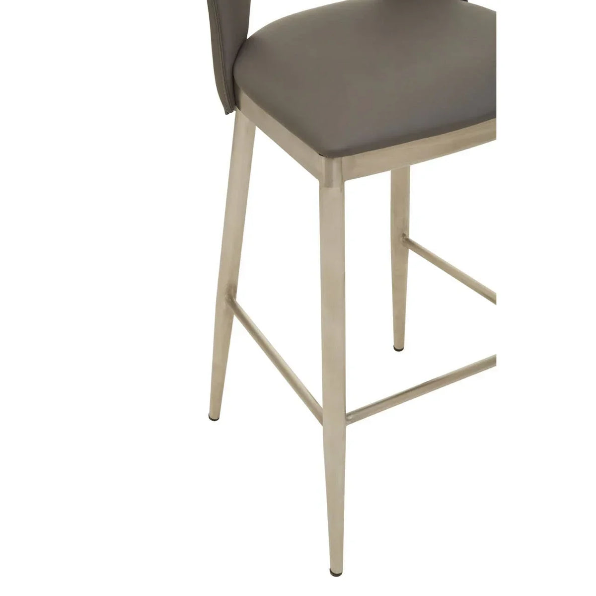 Grey bar stool with brushed metal legs and footrest, partial side angle view