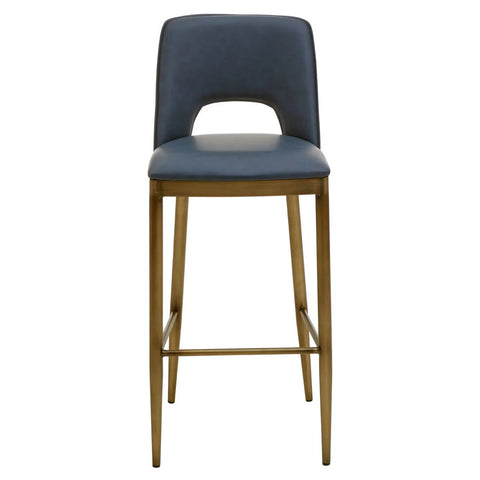 Blue leather bar stool with gold metal legs and backrest cutout, front view