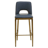 Blue leather bar stool with gold metal legs and backrest cutout, front view