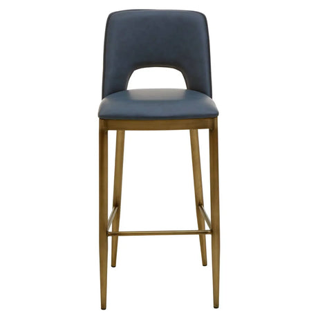 Blue leather bar stool with gold metal legs and backrest cutout, front view