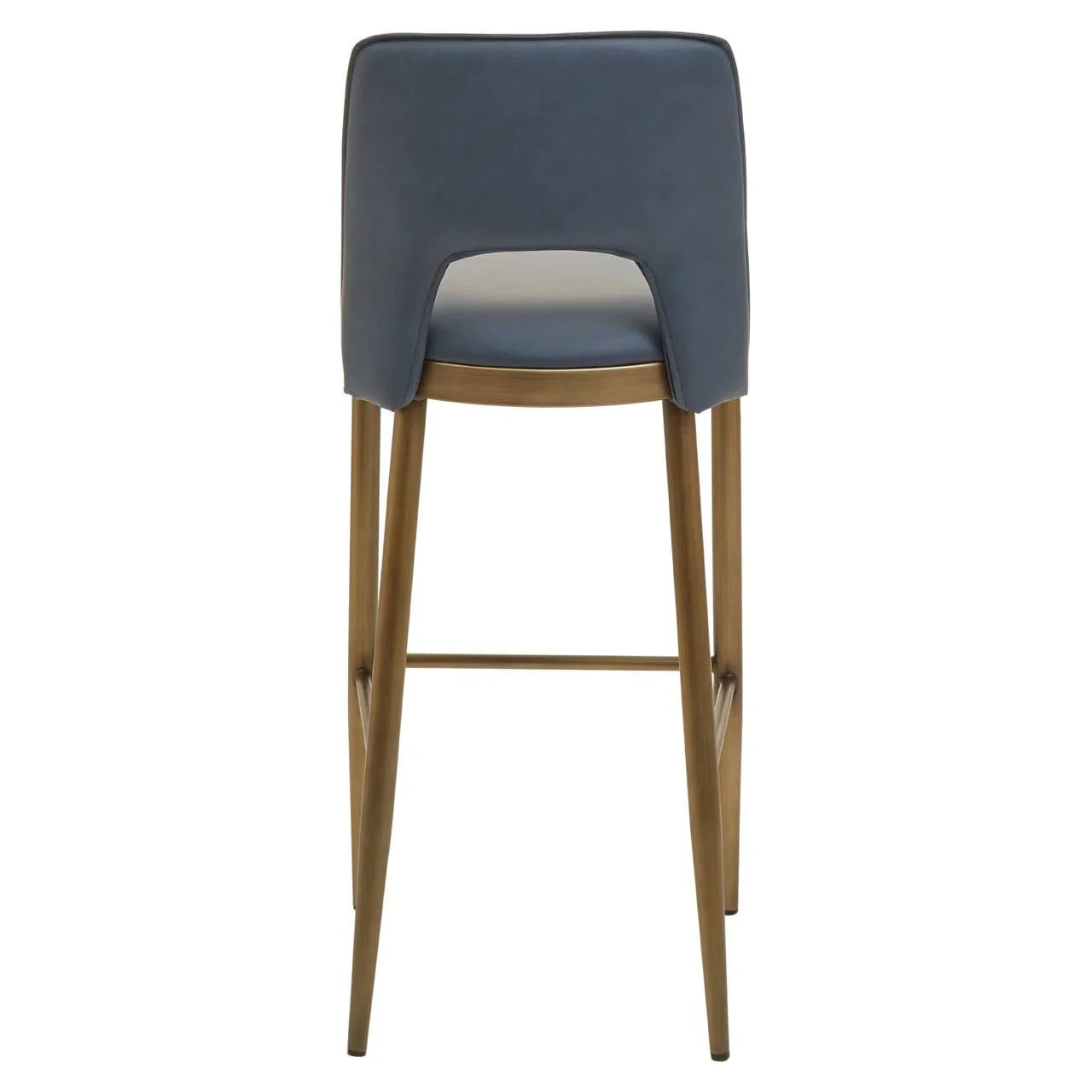 Blue bar stool with wooden legs shown from the back