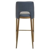 Blue bar stool with wooden legs shown from the back