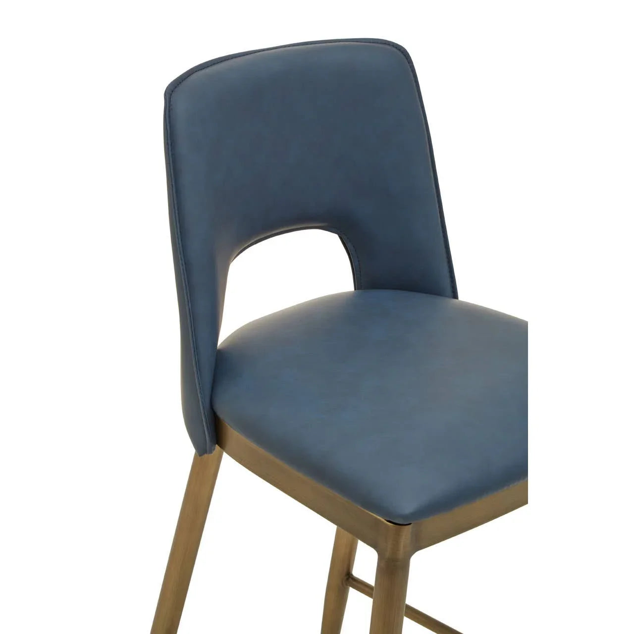 Blue faux leather bar stool with curved backrest and brushed brass legs, side view