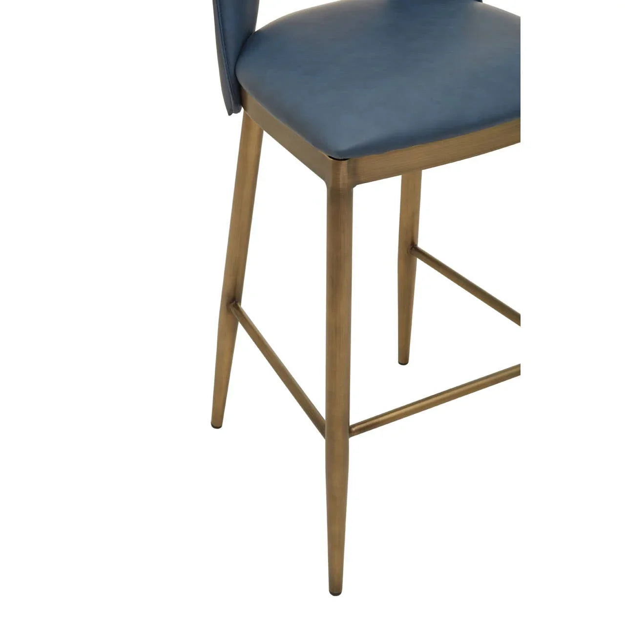 Blue leather bar stool with brass legs and footrest, partial side view