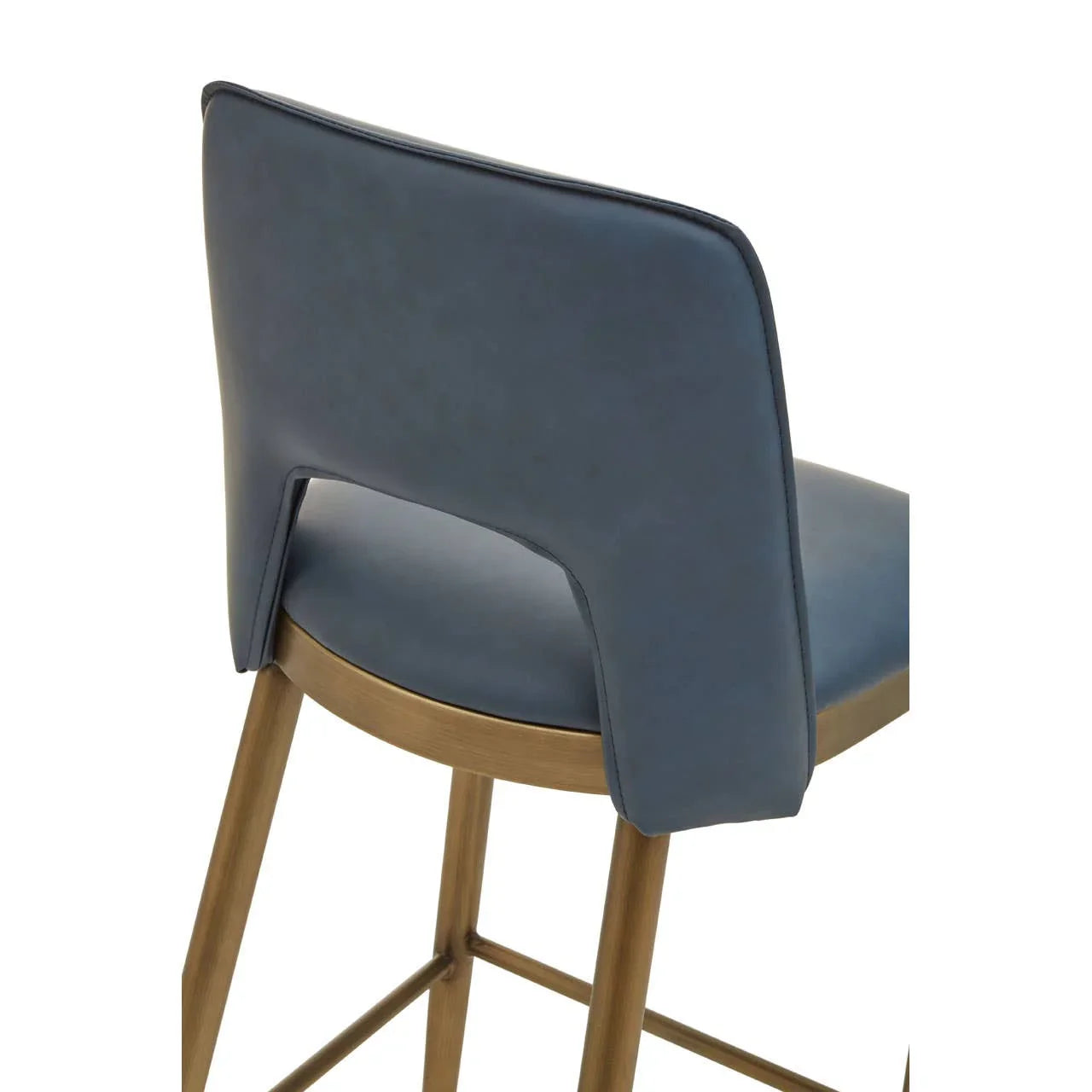 Blue faux leather bar stool with brass legs and curved backrest, rear angle view