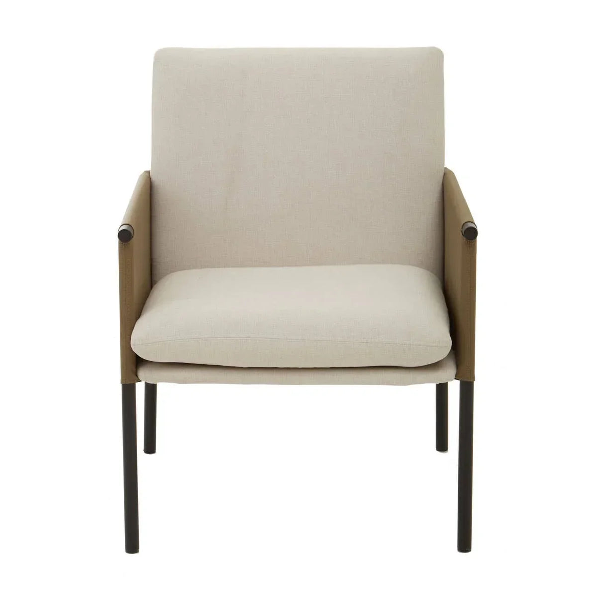 Beige fabric accent chair with cushioned seat, brown armrests, and black metal legs