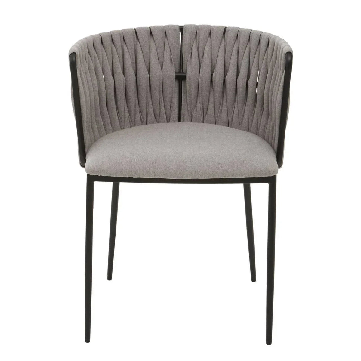 Grey dining chair with woven wrap-around back and black metal legs
