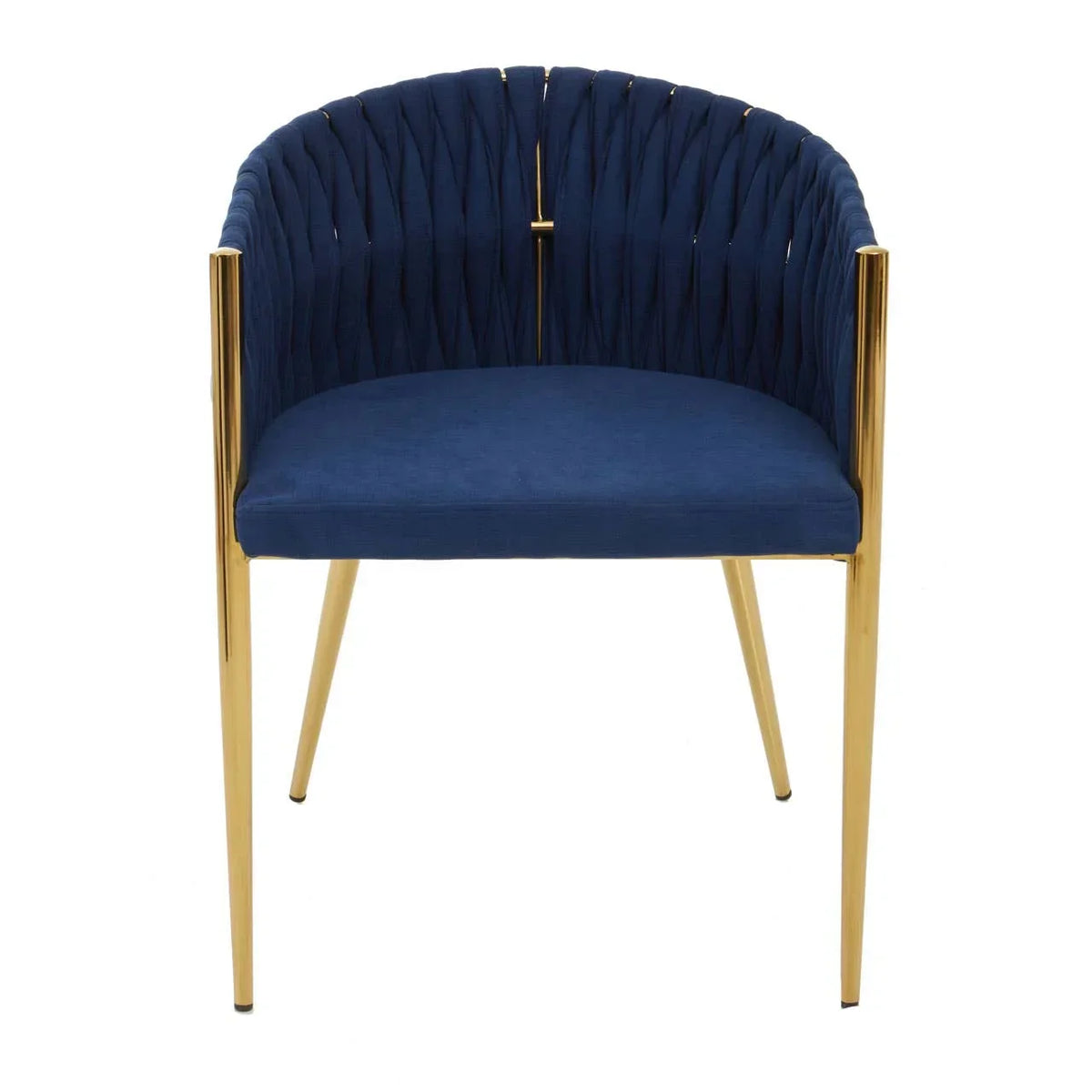 Blue velvet accent chair with gold metal legs and curved backrest, front view