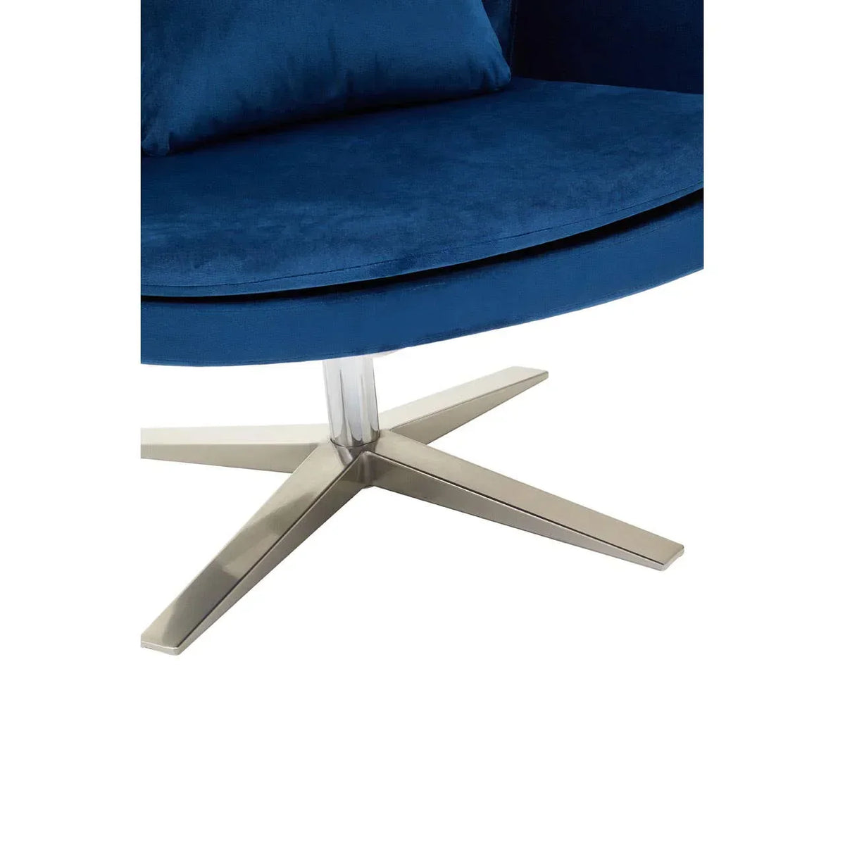 Blue velvet accent chair with a round seat and brushed metal swivel base