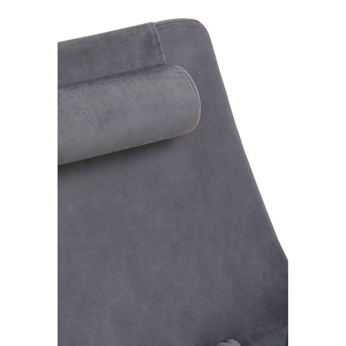 Close up of grey velvet recliner chair headrest and backrest upholstery