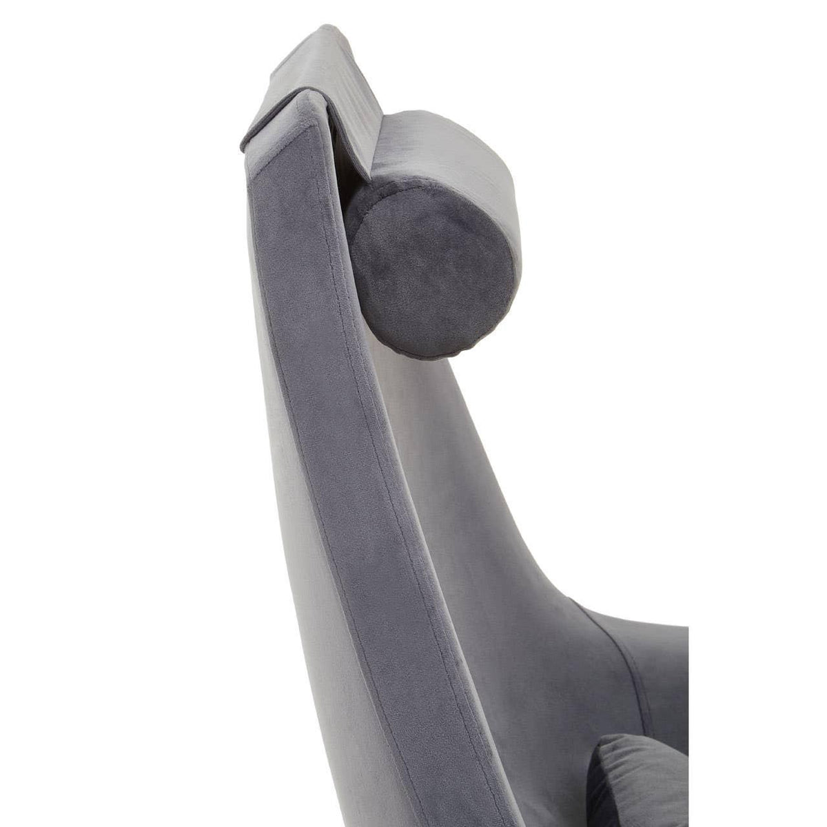 Side view of grey fabric armchair with high backrest and cylindrical headrest cushion