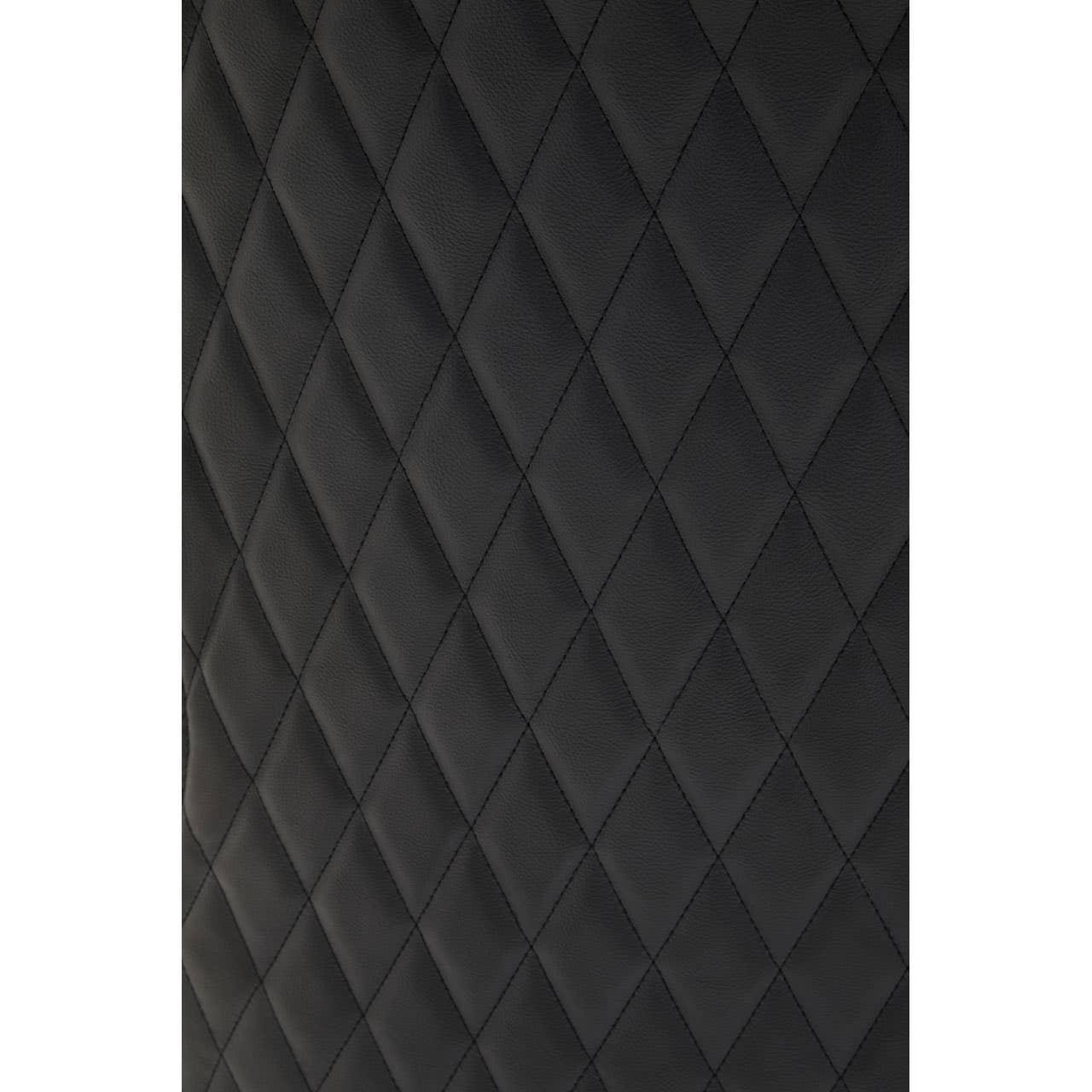 Close up of black quilted faux leather upholstery with diamond stitching pattern